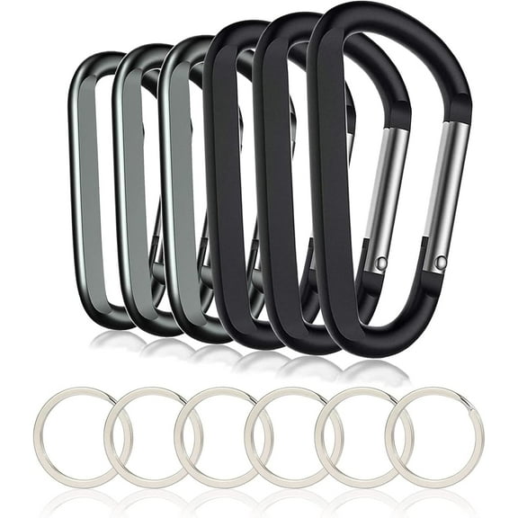 6PCS Black Carabiner Caribeaner Clip,3" Large Aluminum D Ring Shape Carabeaner with 6PCS Keyring Keychain Hook