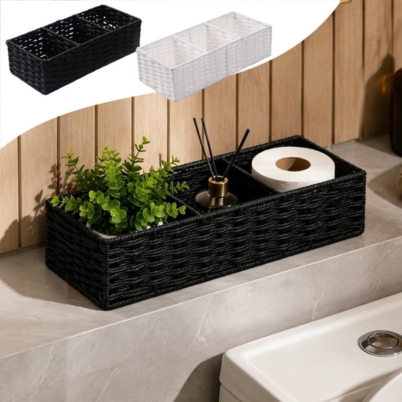 Hyknon Woven Toilet Paper Storage Basket, White Cotton Linen Multi Compartment Organizer, 14.17 x 6.30 x 3.94 Inch for Vanity Counter Shelf Bedroom Organization