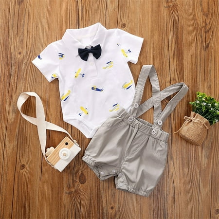 

Luckinbaby Kid Boys Suit Short Sleeve Lapel Romper Tops + Suspender Pants