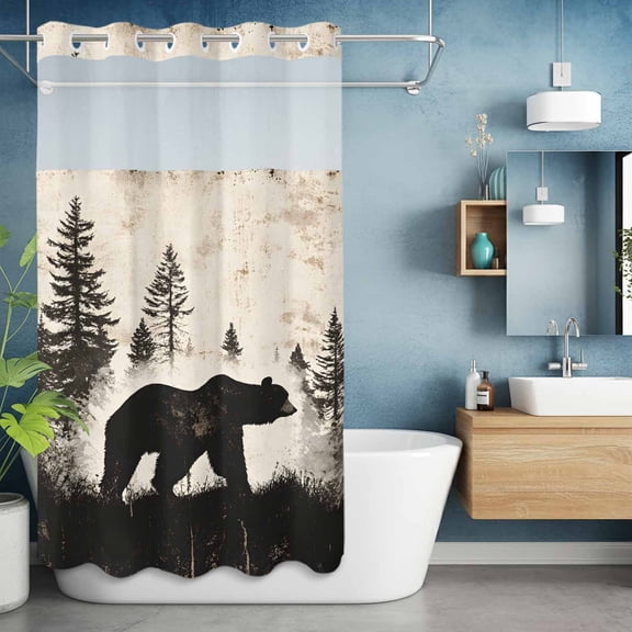 No Hook Shower Curtain with Snap in Liner, Forest Brown Bear Silhouette Waterproof Bath Curtain Double Layers with See Through Top Window, Minimalist Modern Art Hotel Shower Curtains 36x72in