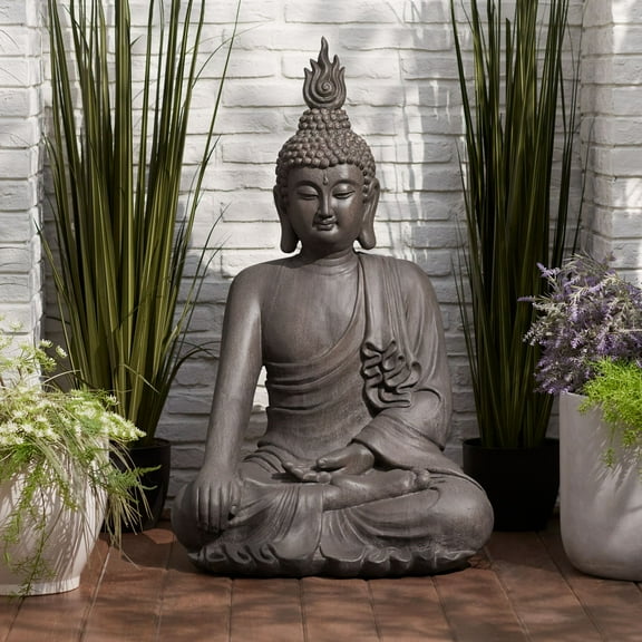 John Timberland Large Sitting Buddha Statue Sculpture Zen Asian Garden Decor Indoor Outdoor Front Porch Stone Gray Finish 42" Tall