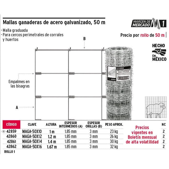 malla ganadera de acero galvanizado, 1.0 x 50 m Fiero Anaranjado — rollo frontal enrollado con patrón de celosía cuadrada y refuerzos horizontales; dimensión 1.0 x 50 m indicada en el título y fondo con diagrama técnico de instalación para cercos perimetrales. Suele usarse para cercado de corrales y huertos.