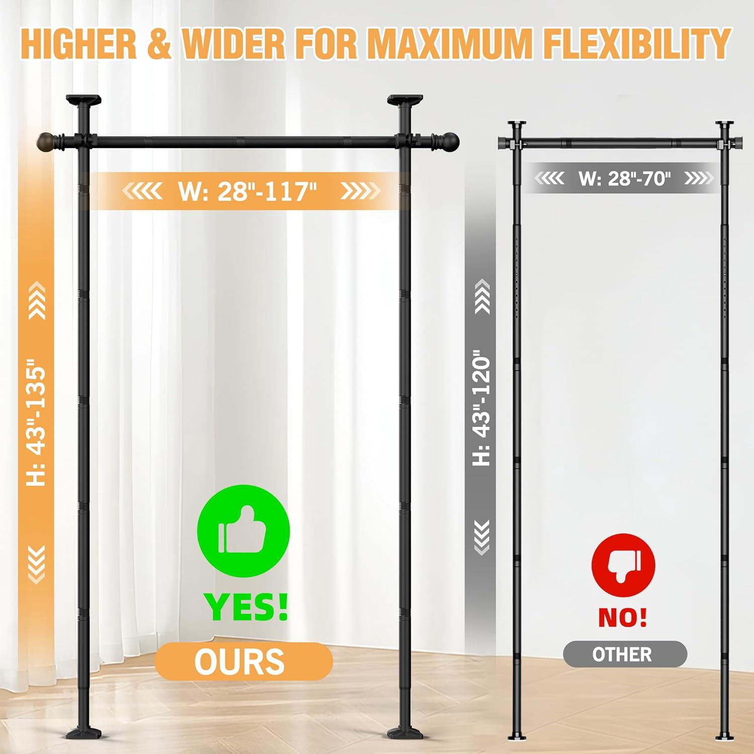 Room Divider Curtain Rods No Drilling, Adjustable 4-11ft(H) 28-117”(W) Wall Divider for Room Separation, Temporary Privacy Tension Curtain Rods, Black