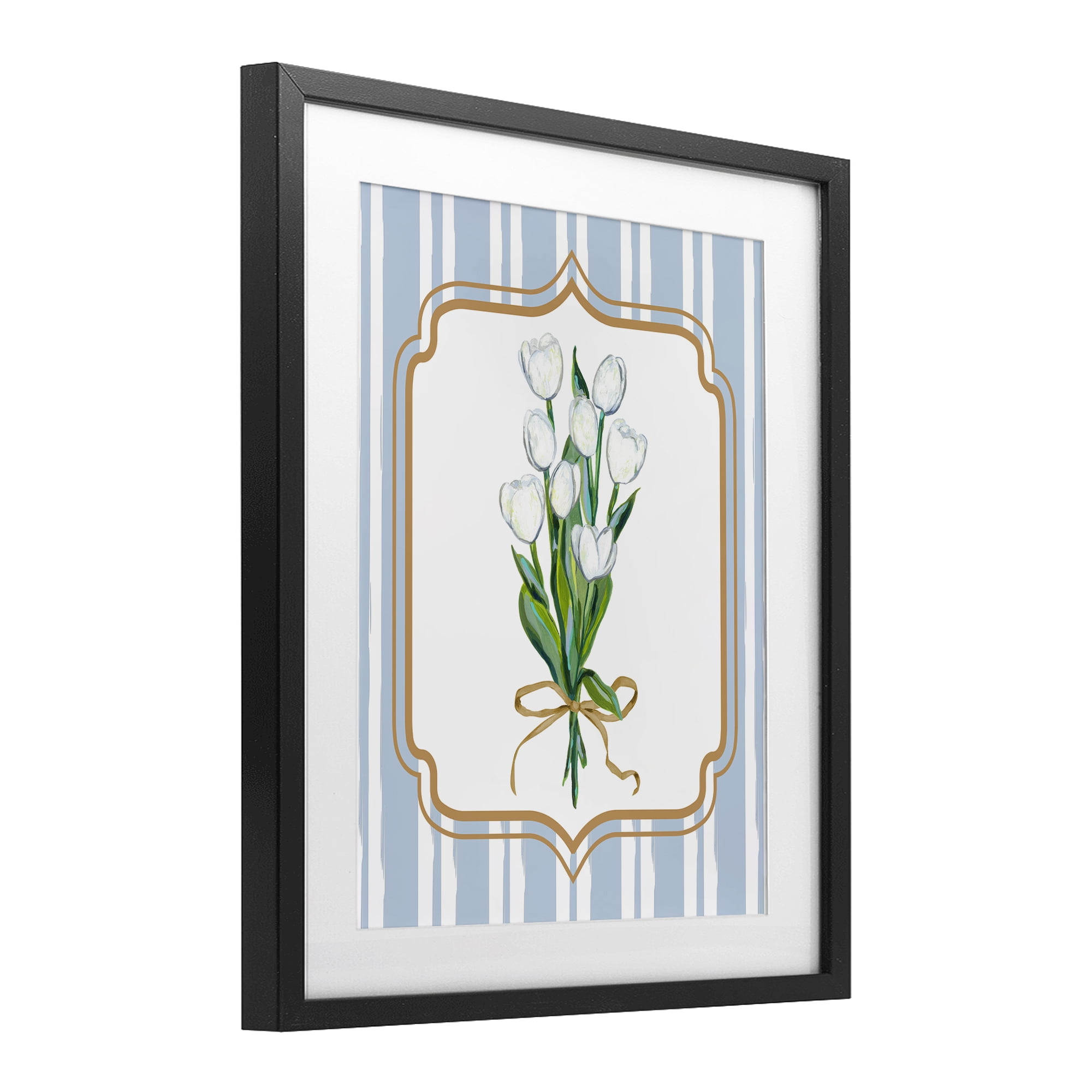 White Tulip Bouquet & Stripes Black Framed Print Under Glass, design by Adonna Ebrahimi
