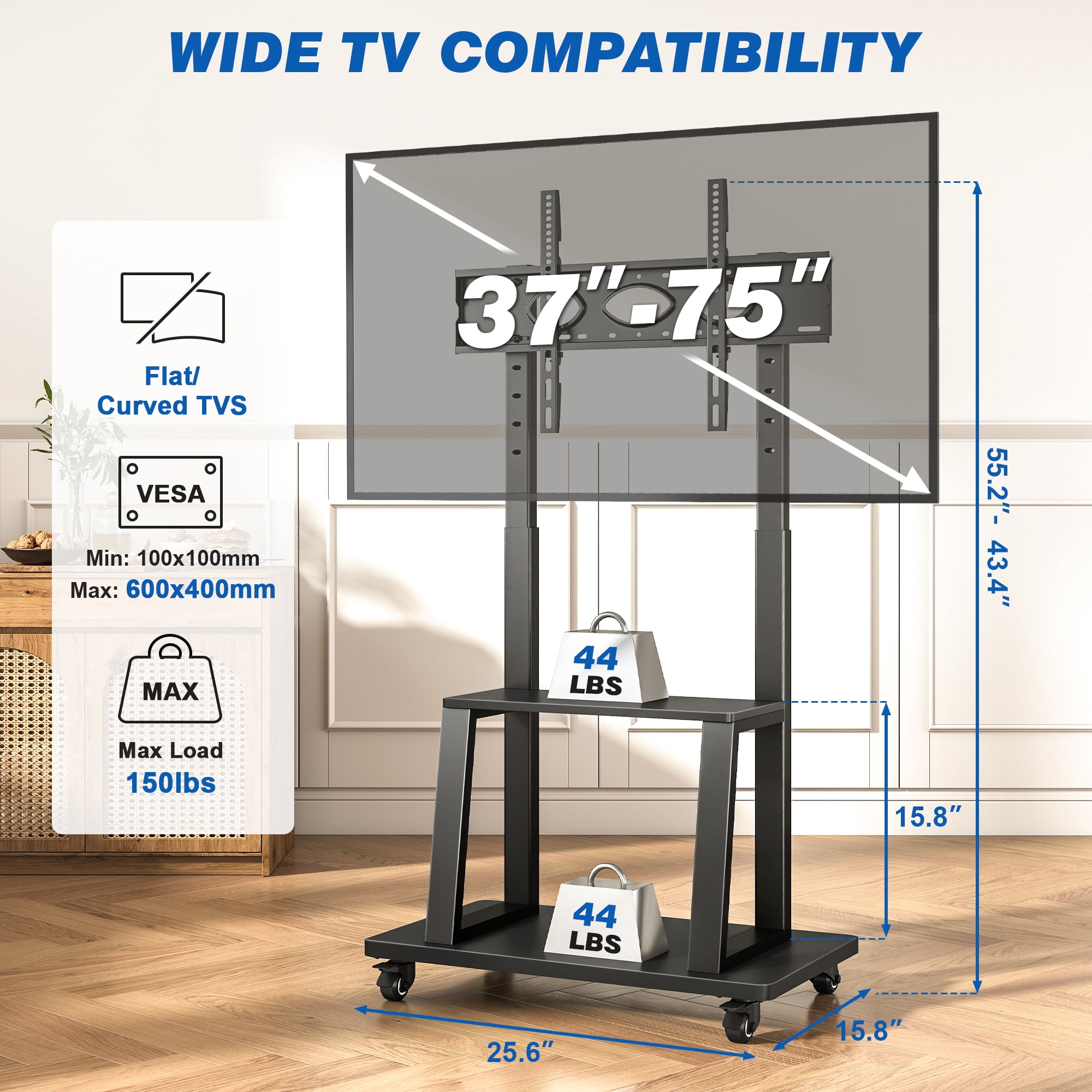 RTVR Rolling TV Stand with Wheels for 37-75 inch Screens, Portable Mobile TV Cart Height Adjustable Mount with Storage Shelves, Max 150 lbs, Black