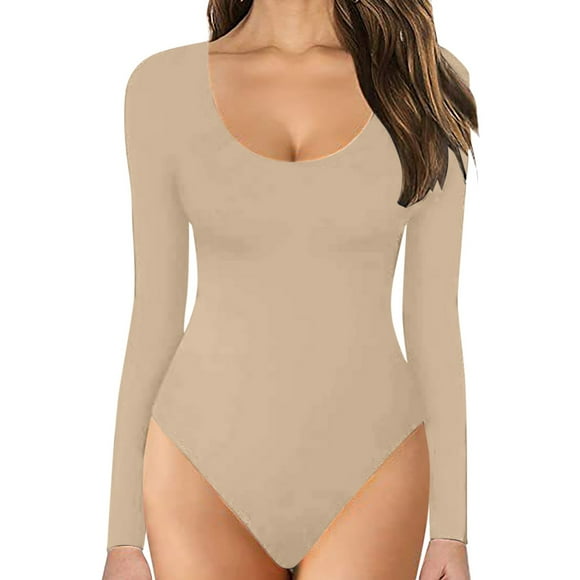 Rigardu Hot Sale!! Long Sleeve Bodysuits for Women Scoop Neck Ribbed Body Suit Stretchy Basic T Shirt Tops Comfortable Bodysuit Against The Skin Tops Body Suits Women Clothing Beige S