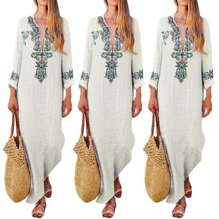 - Women´s Deep V Neck Kaftan Long Sleeve Loose Casual Beach Baggy Print Maxi Dress