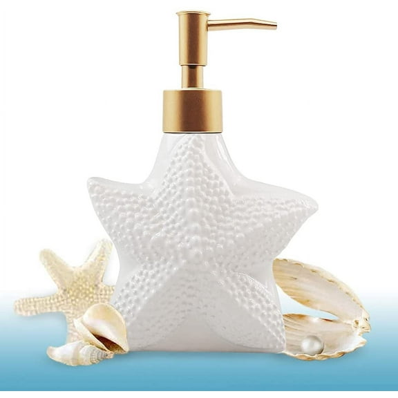 Starfish-Shaped Soap Dispenser, White Ceramic Lotion Bottle with Noble Golden Matte Pump, Ocean Themed Décor for Kitchen Sink or Bathroom