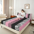 thumbnail image 4 of Manfei Zebra Cheetah Print Queen Sheet Sets, Geometric Stripe Flat Sheet, Pink White Black Aesthetic Queen Fitted Sheet for Girls, Ultra Soft Home Decor 4 Pieces, 4 of 7
