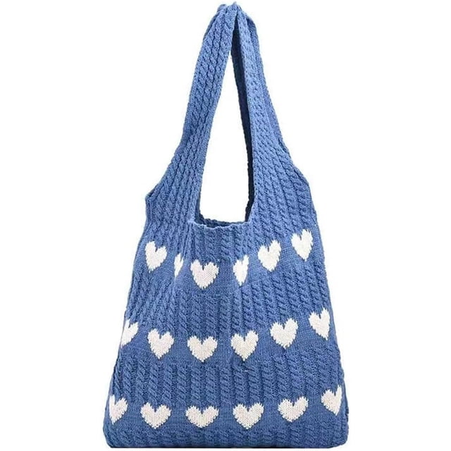 LHSHIDU Crochet Tote Bag Cute Aesthetic Bag Hearts Pattern Knitted Shoulder Bag Hollow Beach Bag for Women