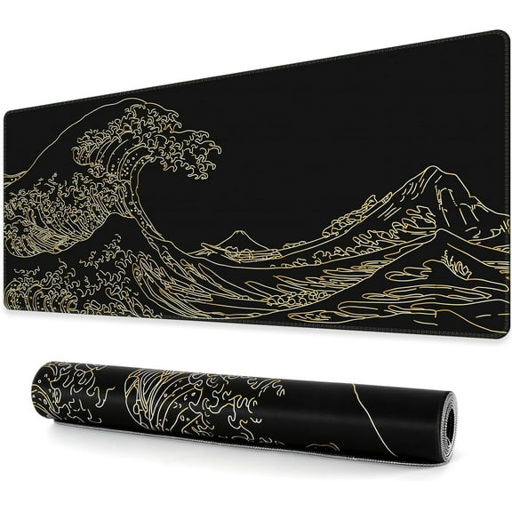 Japanese Sea Wave Large Mouse Pad, Anime Gaming Mouse Pad with Stitched Edges, Non-Slip Rubber Base, Kanagawa 35.4x15.7 Inch XXL Mouse Pad Keyboard Mat Desk Mat Gaming Mousepad, Black Gold