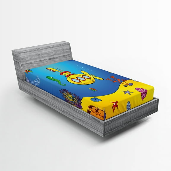 Ambesonne Yellow Submarine Fitted Sheet, Nautical, Twin XL Size, Blue Yellow