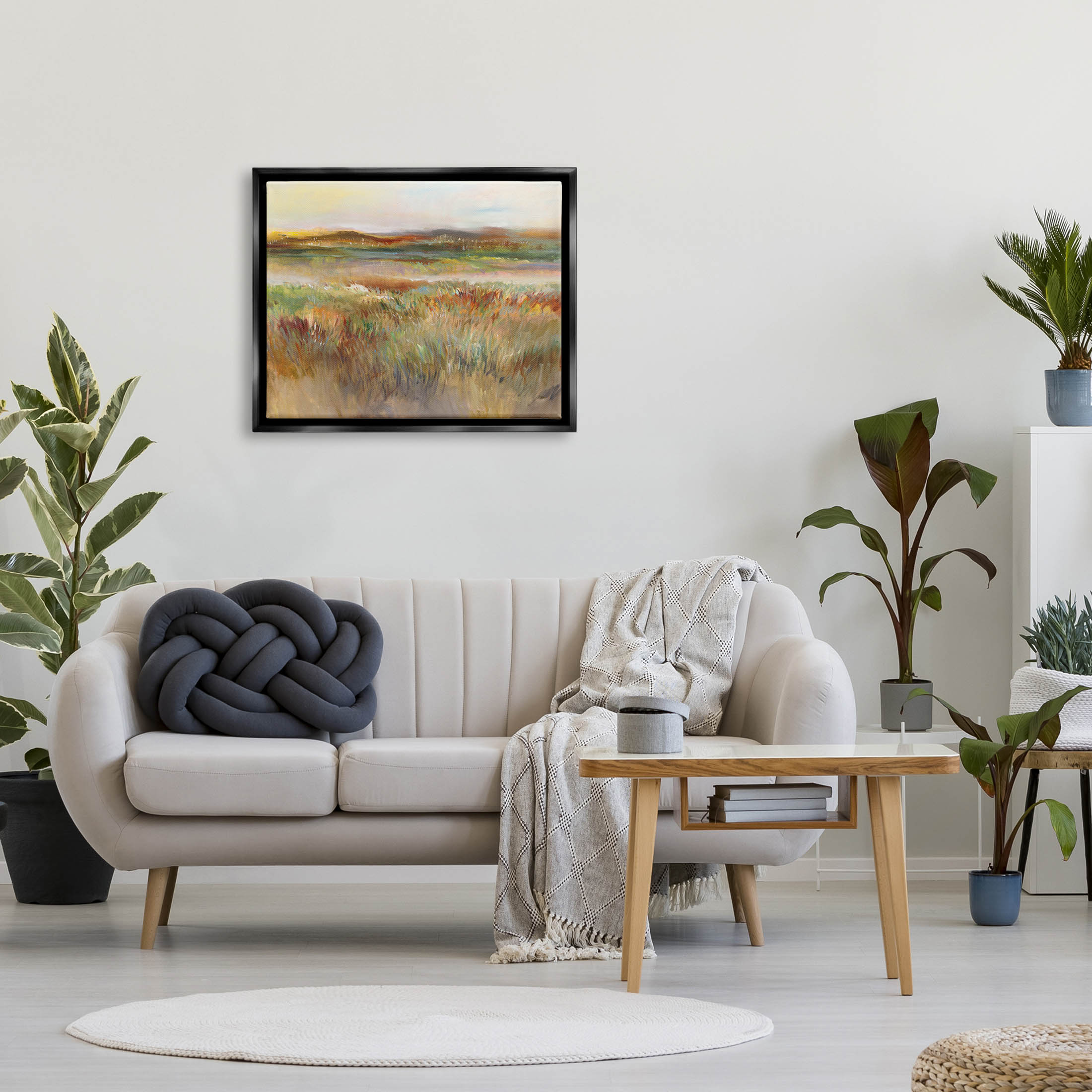 Countryside Grassland Nature View Landscape Painting Jet Black Framed Art Print Wall Art