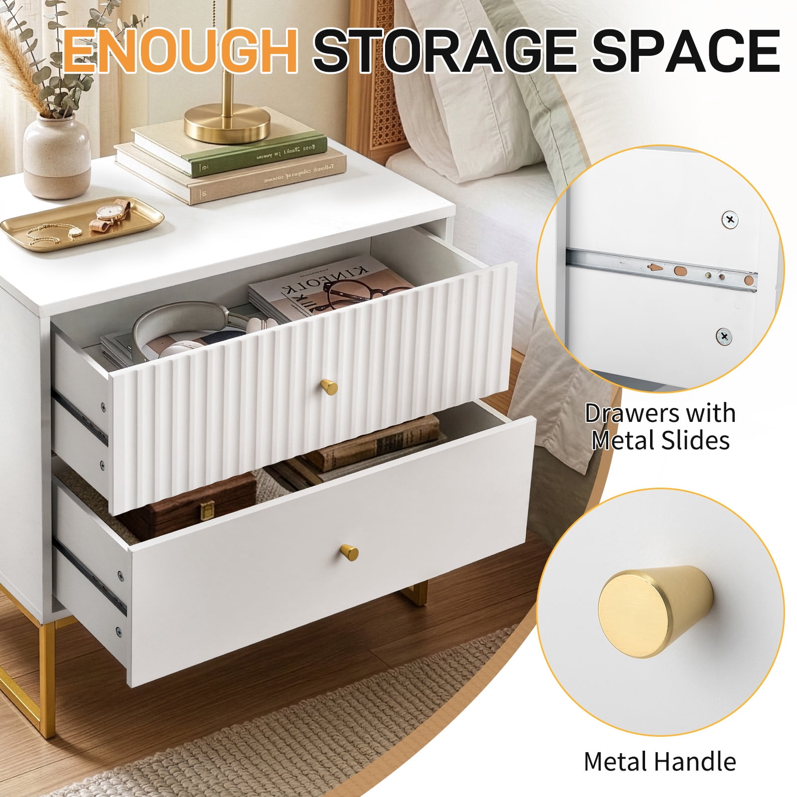 Ktaxon Solid Wood Nightstand with 2 Drawer  Modern Side End Table, for Bedroom, White Nightstand