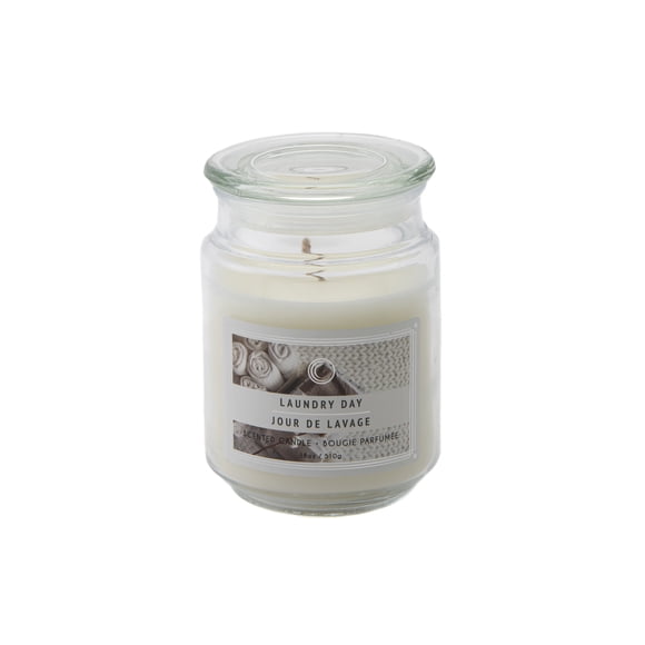 Bougie parfumée en pot de 18 oz avec couvercle en verre (Jour de lessive) – Linge frais, coton, musc doux