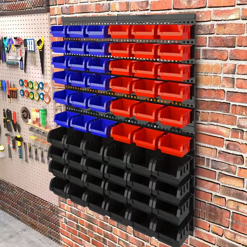 Wall-Mounted Storage Rack System with Bins and Brackets - 60 Pcs Heavy Duty Garage & Workshop Tool Organizer, Stackable for Screws, Nuts, Bolts, Nails, Beads & Small Hardware, Easy Installation