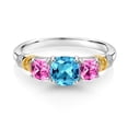 thumbnail image 2 of Gem Stone King 925 Silver and 10K Yellow Gold Swiss Blue Topaz Pink Created Sapphire and Diamond 3-Stone Ring for Women (1.87 Cttw, Gemstone November Birthstone, Cushion 6MM and 4MM, Size 6), 2 of 3