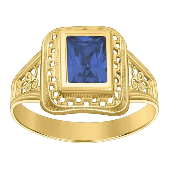 10kt 10k Yellow Gold Womens Blue Emerald-cut Cubic-Zirconia September Birthstone Ring