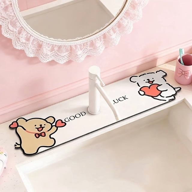 Alfombrilla de drenaje for grifo de cachorro de dibujos animados, alfombrilla de secado for encimera de baño y cocina con patrón "GOOD LU HAPPY LIFE"