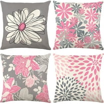 Pink Decorative Throw Pillow Covers 20x20 Set of 4, Pink and Gray Modern Daisy Floral Pillows Linen Pillow Covers for Couch Sofa Living Room