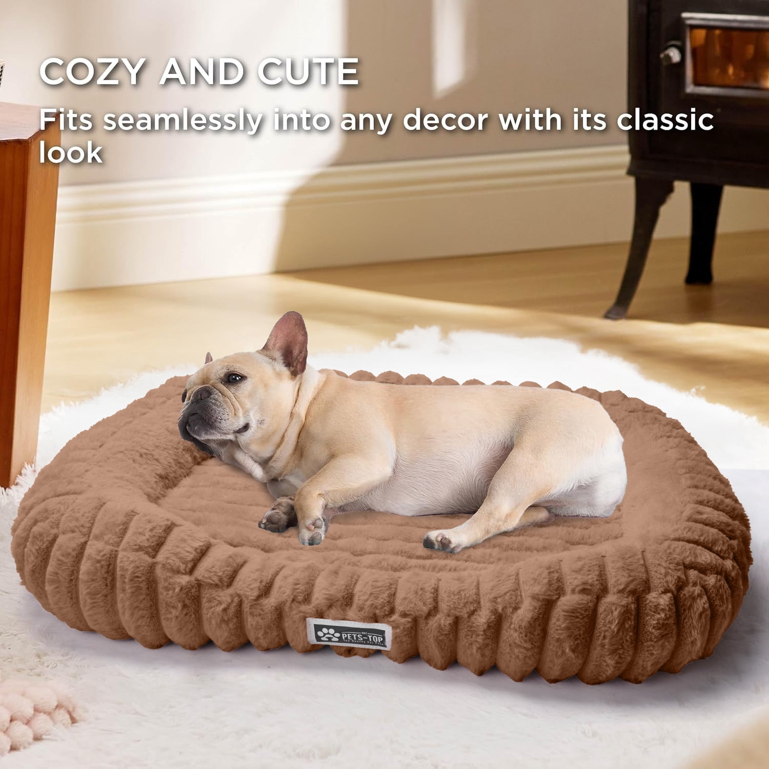 SANMADROLA Cute Dog Beds for Large Sized Dog, Washable Large Dog Beds, Rectangle Pet Beds for Big Dogs, Furry Bolster Soft Warming Calming Pet Bed with Non-Slip Bottom, 35.4"x27.2"x5.5",Brown