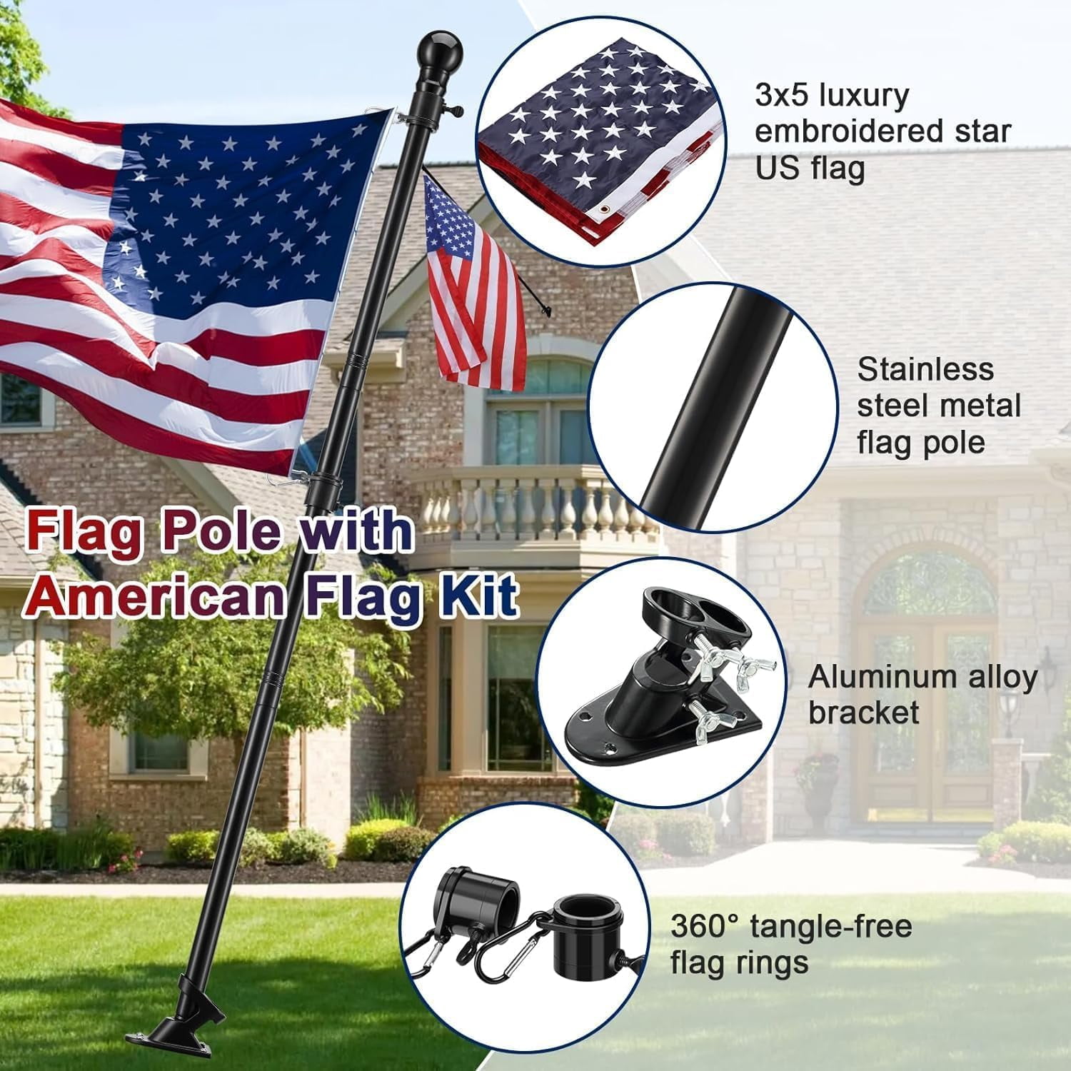 DEROFIT American Flag Pole Kit with 3x5 Embroidered US Flag, includes 6ft Heavy Duty Flagpole, Aluminum Bracket,for Outside House,Black