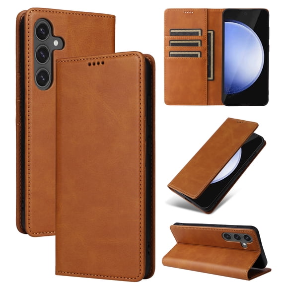 For Samsung Galaxy S24 Case, Premium PU Leather Wallet Folio Cover with RFID Blocking Card Holders and Kickstand, Shockproof Full-Body Protective Flip Magnetic Closure Phone Case,Brown