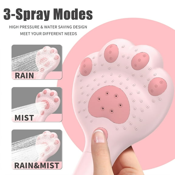 PZXO Handheld Shower Head, High Pressure Cat Paw-Shaped Showerhead with 3 Spray Settings, Cute Filtered Anti-Leak Water Flow Shower Head for Adult, Kids, Pet Bath, with 2 Filters, Pink