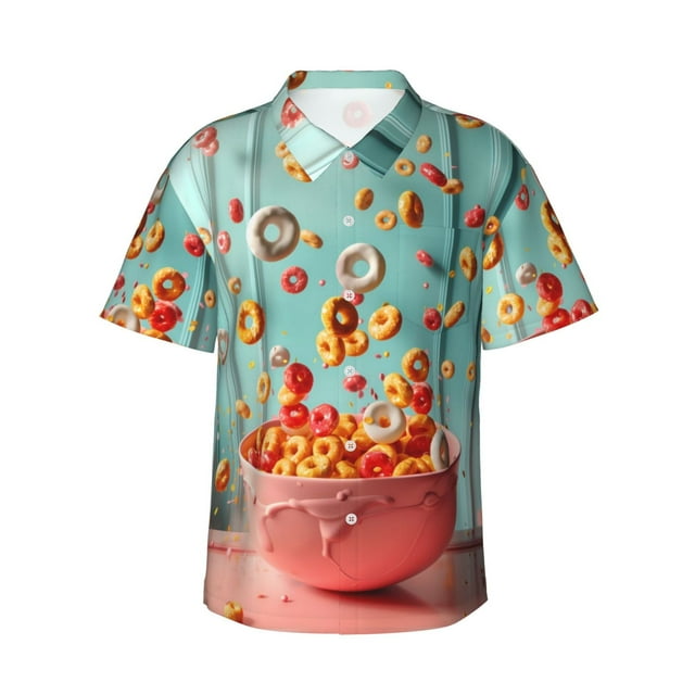 Balery Floating Colorful Cereal Camisas hawaianas de manga corta para hombre, camisas playeras de corte holgado, camisas de vacaciones con botones,Large