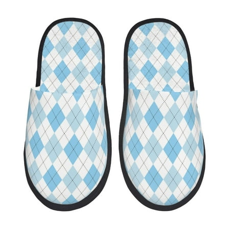 Balery Blue and White Squares Slient Indoor Furry Fleece Comfort House Shoes Soft Non-Slip Home Shoes Cotton slippers House Slippers-- Medium