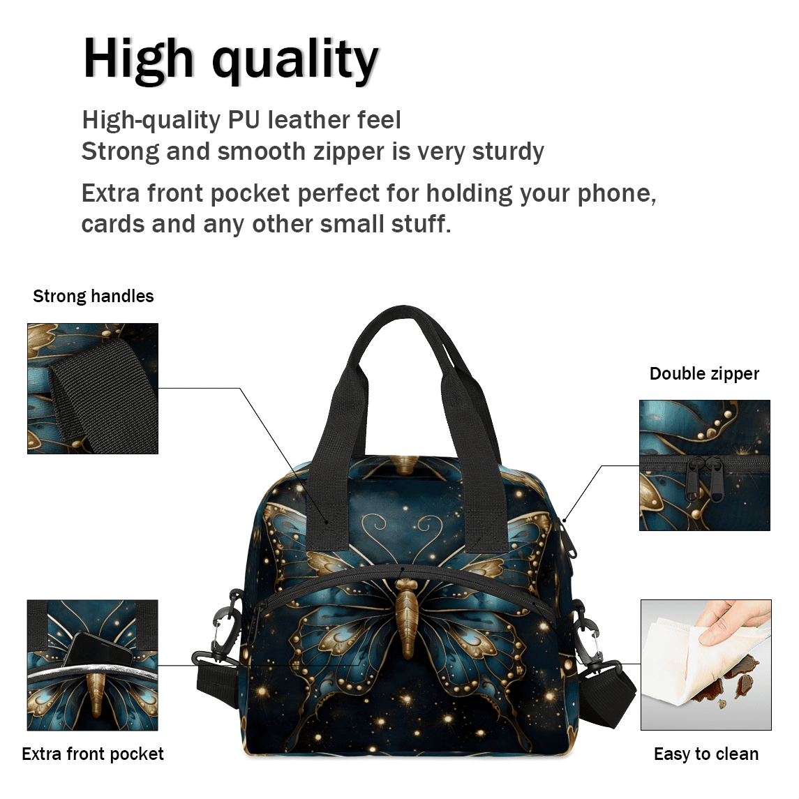 Herdesigns Boho Butterfly Insulated Lunch Bag for Women Men Adults Large Reusable Lunch Box Leakproof Portable Cooler Tote Bags with Adjustable Shoulder Strap