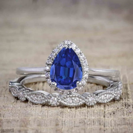 Antique Vintage 1.50 Carat Pear Cut Art Deco Halo Sapphire and Diamond Bridal Ring Set for Her in White Gold