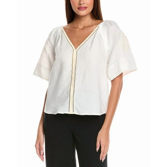 T Tahari womens  V-neck Linen-Blend Blouse, l, White