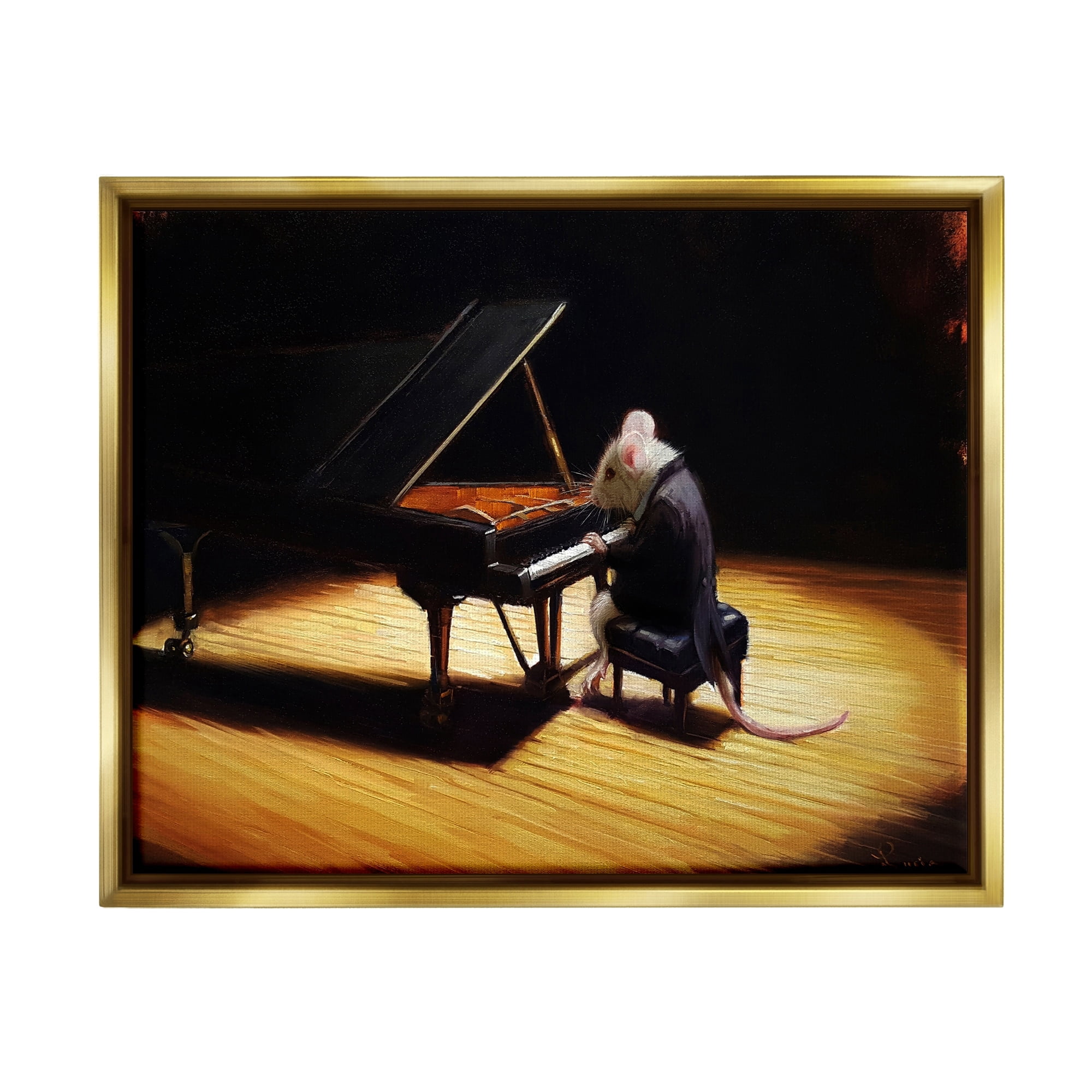 Stupell Industries Mouse Musician Playing Grand Piano Stage Spotlight Painting Metallic Gold Floating Framed Canvas Print Wall Art, Design by Lucia Heffernan