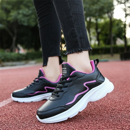 

wofedyo shoes for women Ladies Shoes Solid Color Fashion Leather Lace-up Flat Heel Round Head Sneakers running shoes womens