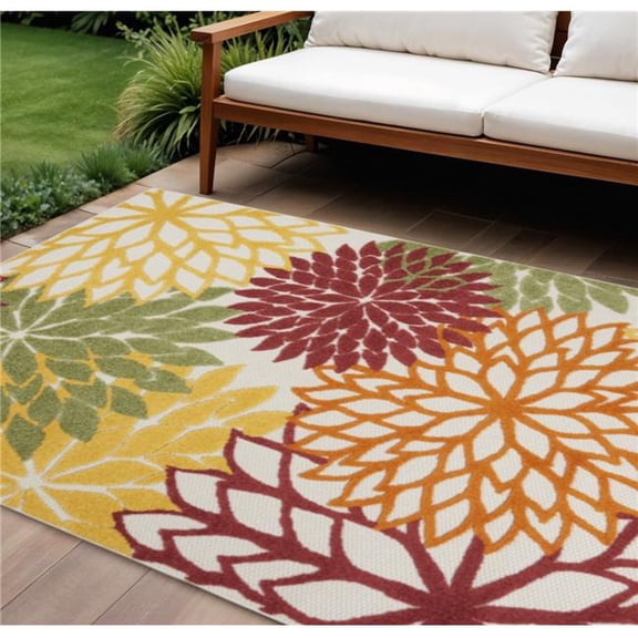 HomeRoots 546692 7 x 10 ft. Red Ivory Yellow & Orange Floral Indoor & Outdoor Rectangle Area Rug