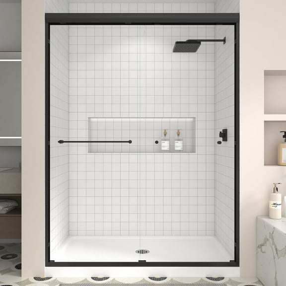 KPUY 55" - 60" W x 70" H Semi-Frameless Double Sliding Shower Door With 1/4" Clear Tempered Glass, Nano Explosion-Proof Coating, Matte Black