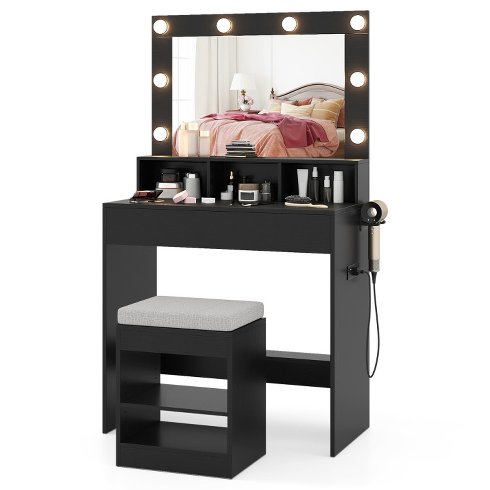 Furnibear Vanity Table Set with Lighted Mirror and Cushion Stool for Bedroom Makeup Dressing Room Vanity Desk Mirror Set, Black