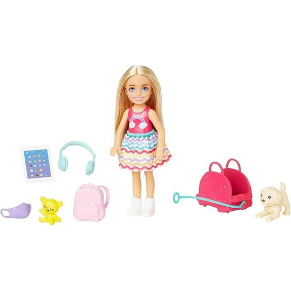 Barbie Chelsea Doll & 6 Accessories, Travel Set with Puppy, Pet Carrier & Backpack that Opens & Closes, Blonde Small Doll