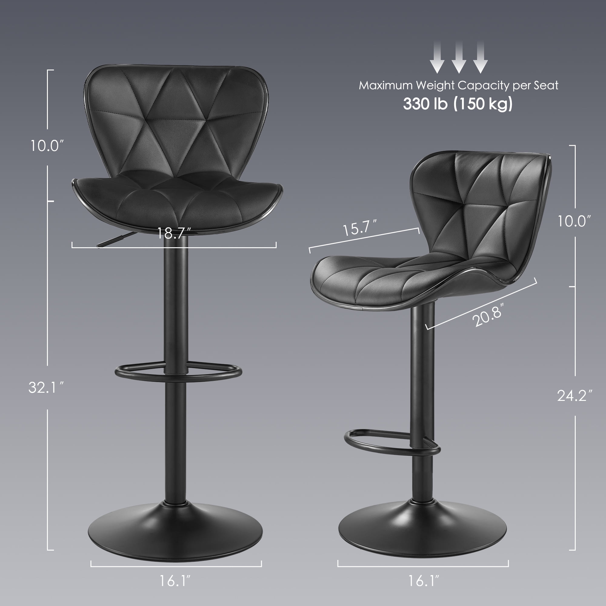 AUNEKIV Bar Stools, Swivel Counter Height Bar Stools, Adjustable Faux PU Leather Bar Chairs with Back and Footrest, Modern Upholstered Armless Counter Stools, Island Chairs for Bar Kitchen, Black