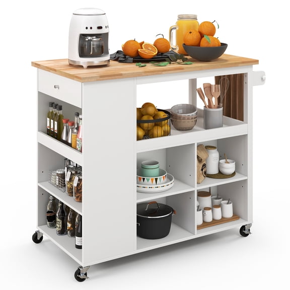 Costway Kitchen Island Trolley Cart on Wheels with Storage Open Shelves & Drawer White