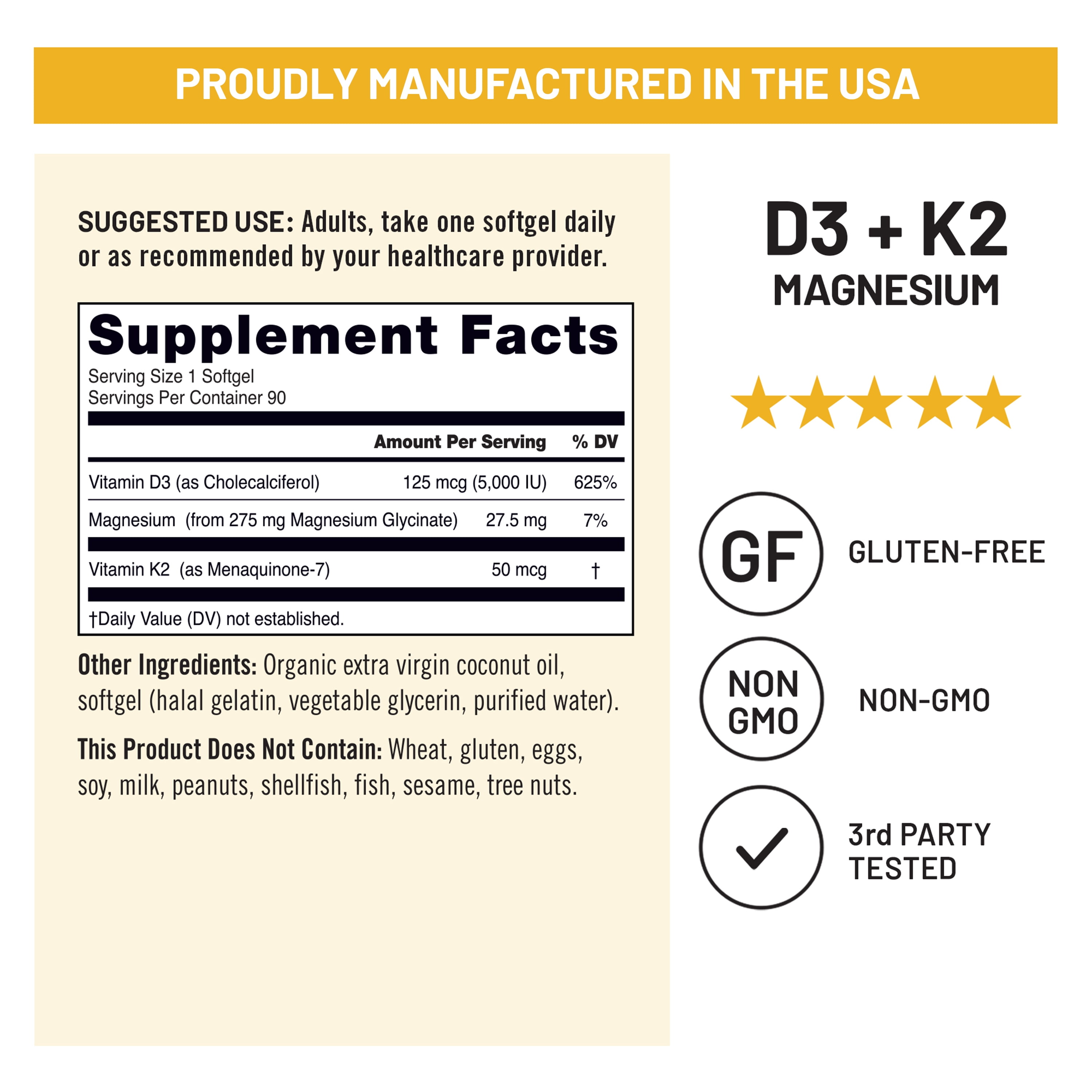 NatureWise Vitamin D3 K2 Magnesium Glycinate 275mg - Extra Strength Vitamin D3 5000IU + K2 50mcg - High Absorption Chelated Magnesium - Bone Support - Non-GMO, USA Manufactured - [90 Day Supply]