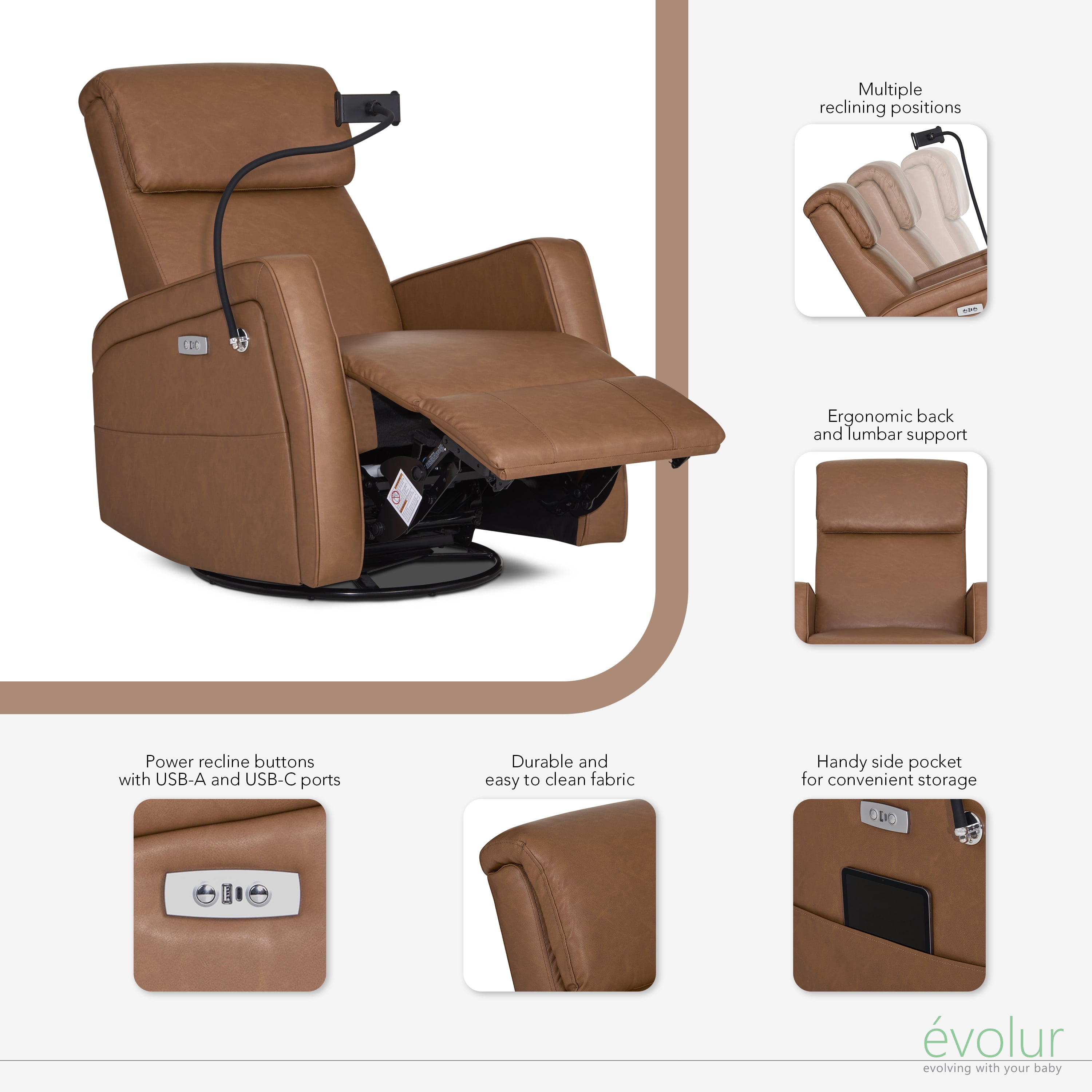 Buybuy BABY by Evolur Maverick Power Recline Glider with Device Holder, Cognac