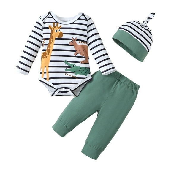 KIMI BEAR Newborn Baby Boys Outfits 3-6 Months Winter Spring Clothes Sets Long Sleeves Pullover Top Striped Top Giraffe Crocodile Kangaroo Romper Solid Color Pants with Hat 3PCS Green