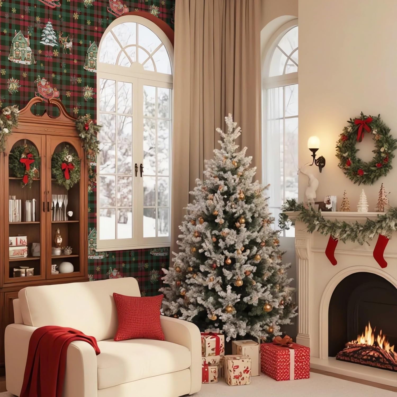 Christmas Contact Paper Removable Self-Adhesive Wallpaper 17.3"x118" Green and Red Waterproof Christmas Peel and Stick Wallpaper for Bedroom Window Fireplace Indoor Decoration
