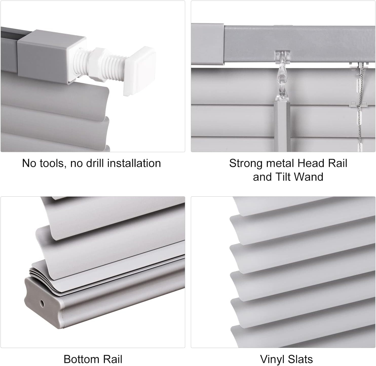 LazBlinds Cordless No Tools-No Drill 1" Vinyl Horizontal Mini Blinds, Light Filtering Blinds for Windows, Blinds & Shades for Window, 26" W x 48" H, Grey
