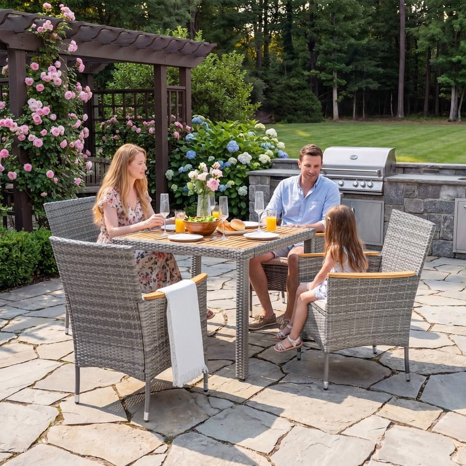 Vineego 5PCS Rattan Outdoor Furniture Set, Acacia Wood Curved Armrest Patio Dining Set with Cushions,Gray