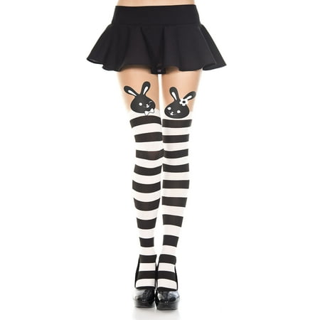Print Striped Tights - Bunny print striped spandex pantyhose 7258-BLACK/WHITE