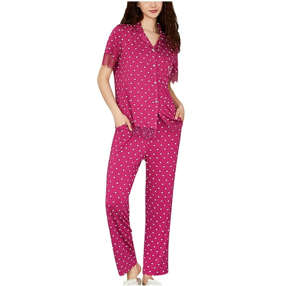 Jamicy Loungewear for Women Christmas Gift Women's Cute Polka Dot Heart Print Pajama Sets Button Down Short Sleeve Sleepwear Matching Pjs Bottom Lounge Outfits