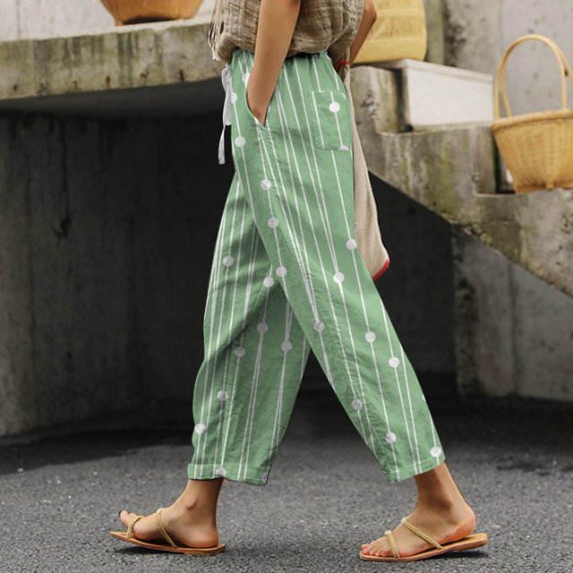 WILLBEST Pantalones Casuales para Mujer, Ligeros, de Verano, de Lino Estampado, con Cordón, Cintura Elástica, Pierna Recta y Bolsillos para Uso Diario. Extra Grande